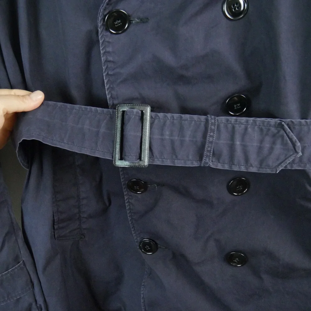 Vintage 60s U.S. NAVY Poplin Raincoat Trench Coat XL Military Blue Belted